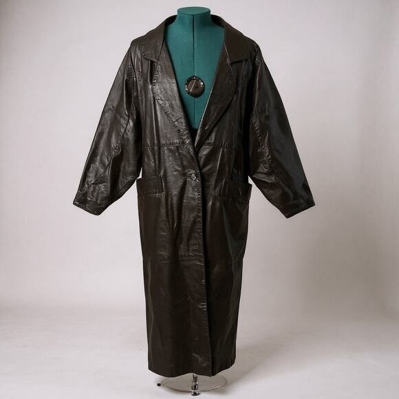 Hideouts Jackets & Blazers - Vintage Hide Out Genuine Leather Trench Coat Black Longline 80s Oversized Small